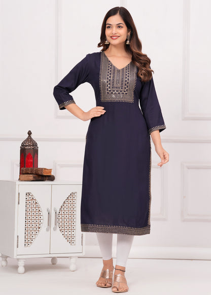 Women Embroidered Viscose Rayon Straight Blue Kurti