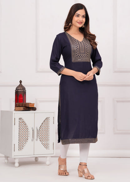 Women Embroidered Viscose Rayon Straight Blue Kurti