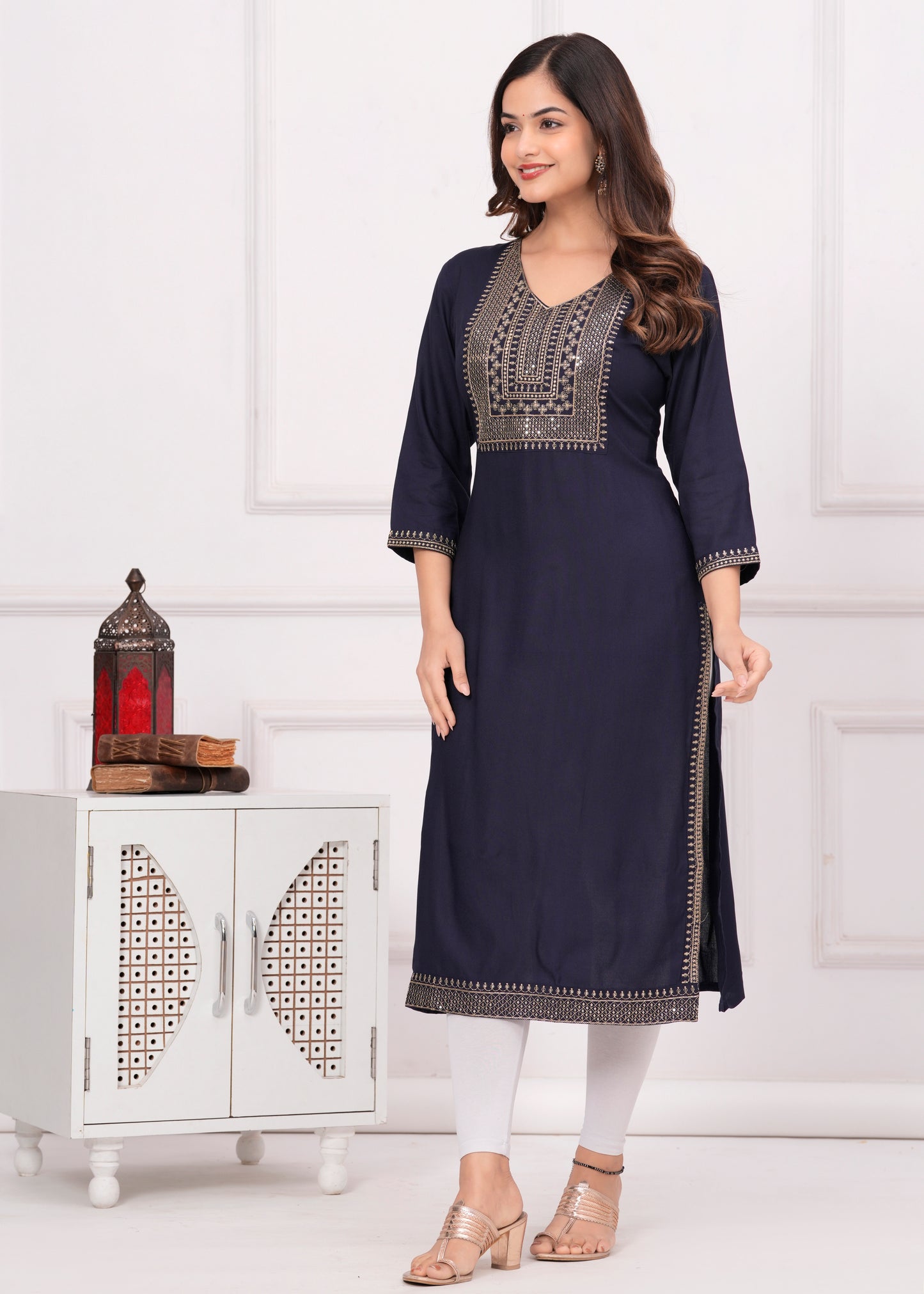 Women Embroidered Viscose Rayon Straight Blue Kurti