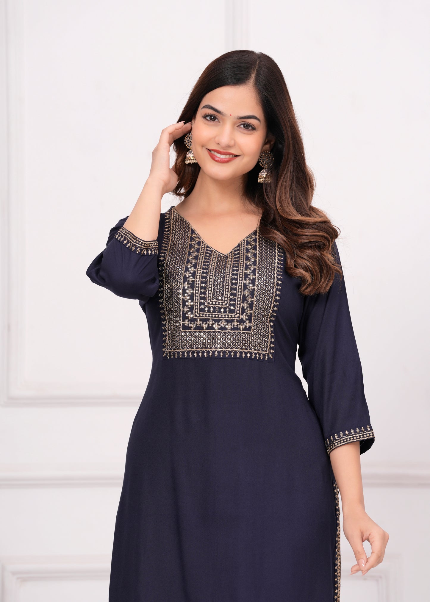 Women Embroidered Viscose Rayon Straight Blue Kurti