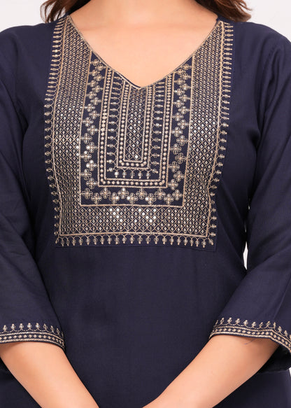 Women Embroidered Viscose Rayon Straight Blue Kurti