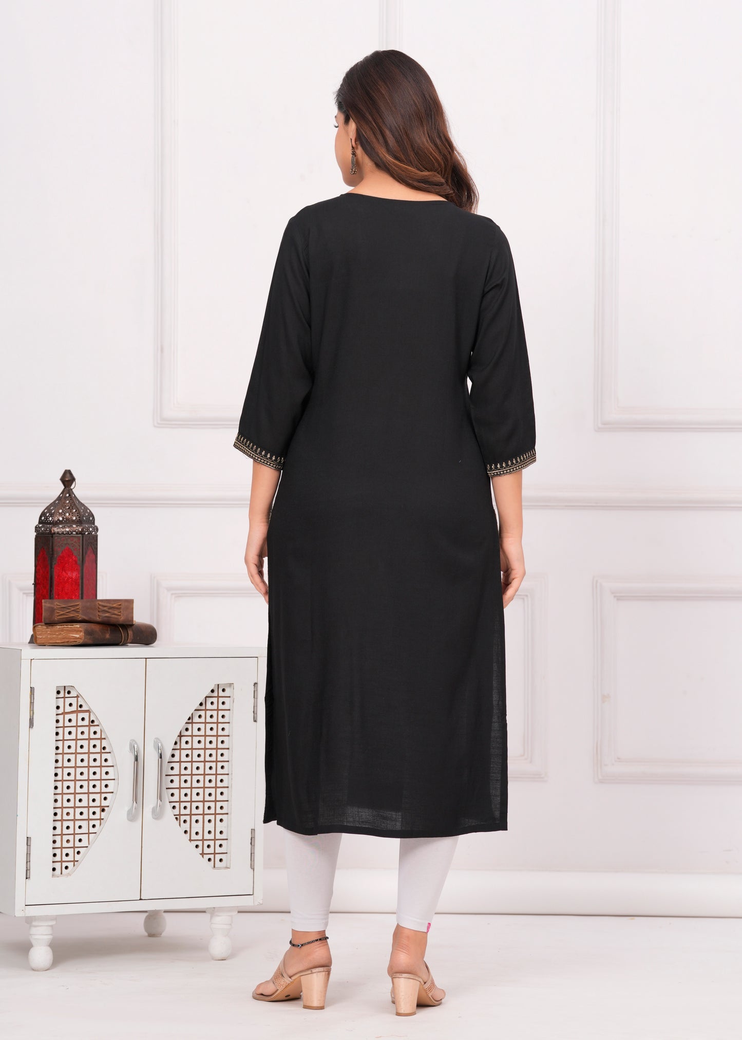 Women Embroidered Viscose Rayon Straight Black Kurti