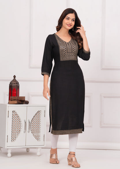 Women Embroidered Viscose Rayon Straight Black Kurti