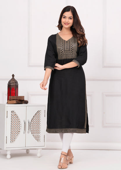 Women Embroidered Viscose Rayon Straight Black Kurti