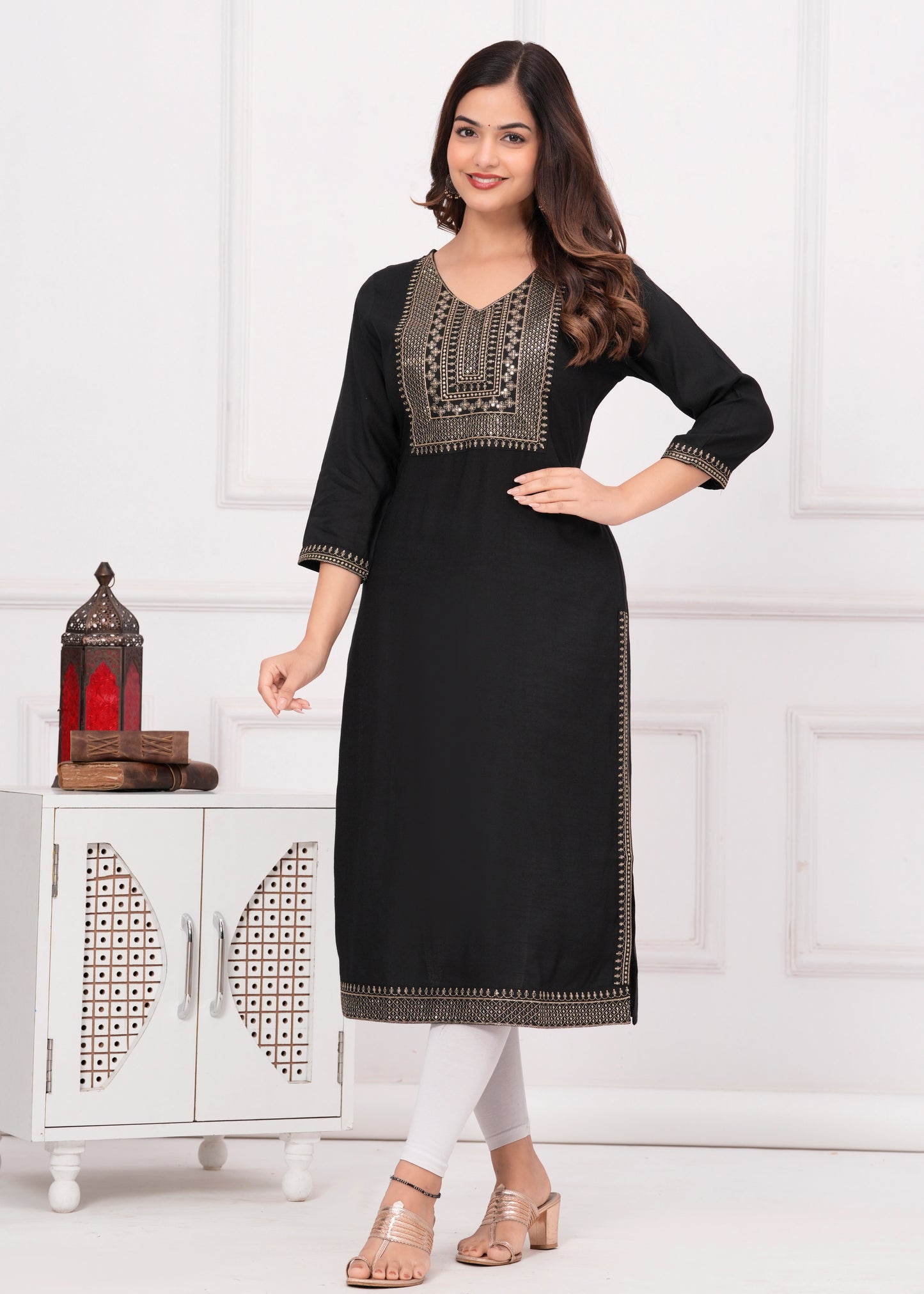 Women Embroidered Viscose Rayon Straight Black Kurti