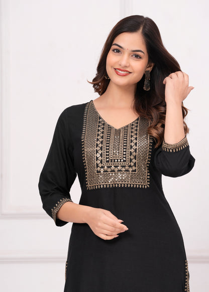 Women Embroidered Viscose Rayon Straight Black Kurti