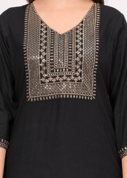 Women Embroidered Viscose Rayon Straight Black Kurti