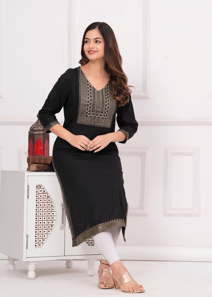 Women Embroidered Viscose Rayon Straight Black Kurti