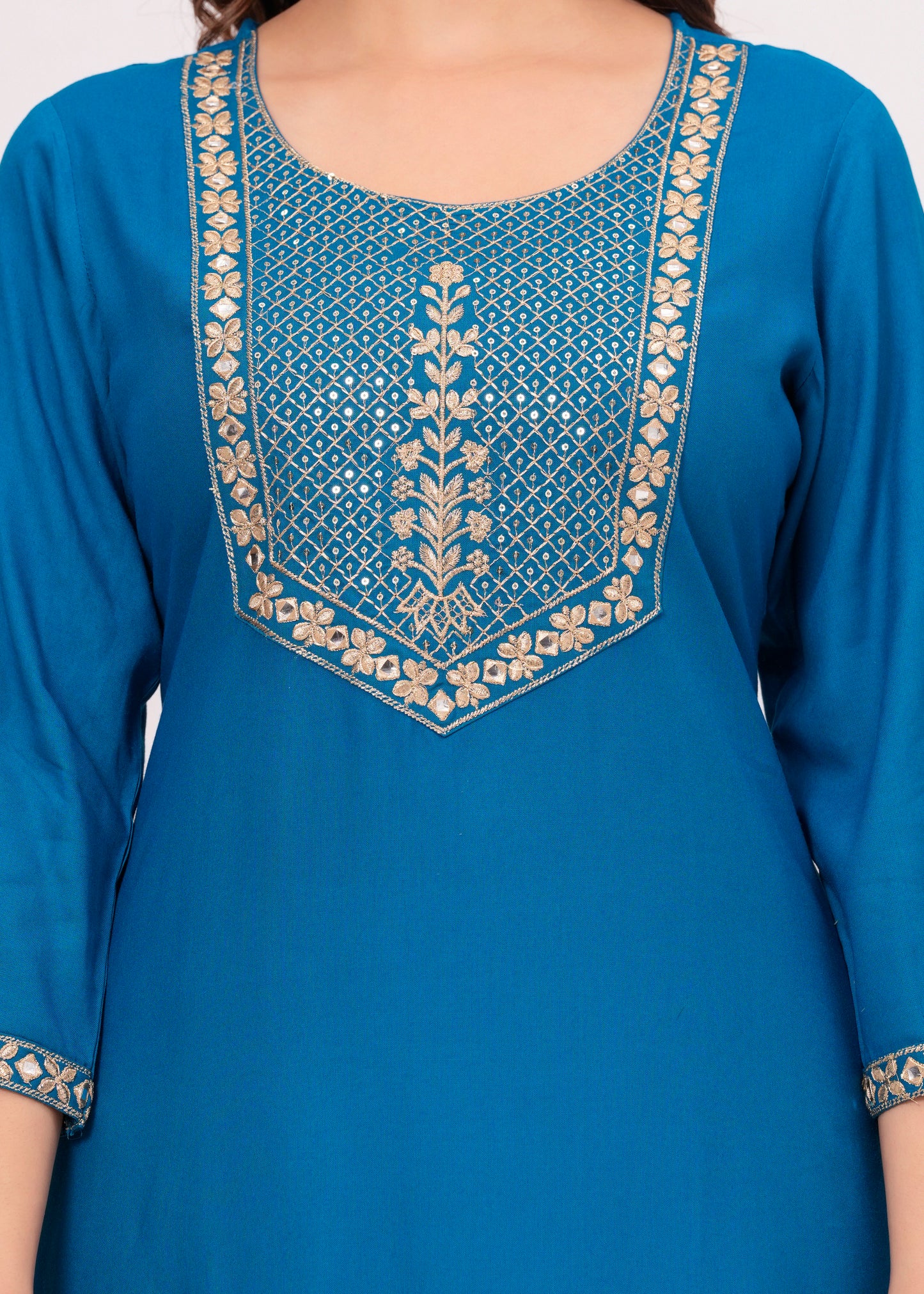 Women Embroidered Rayon Royal Blue Kurtis