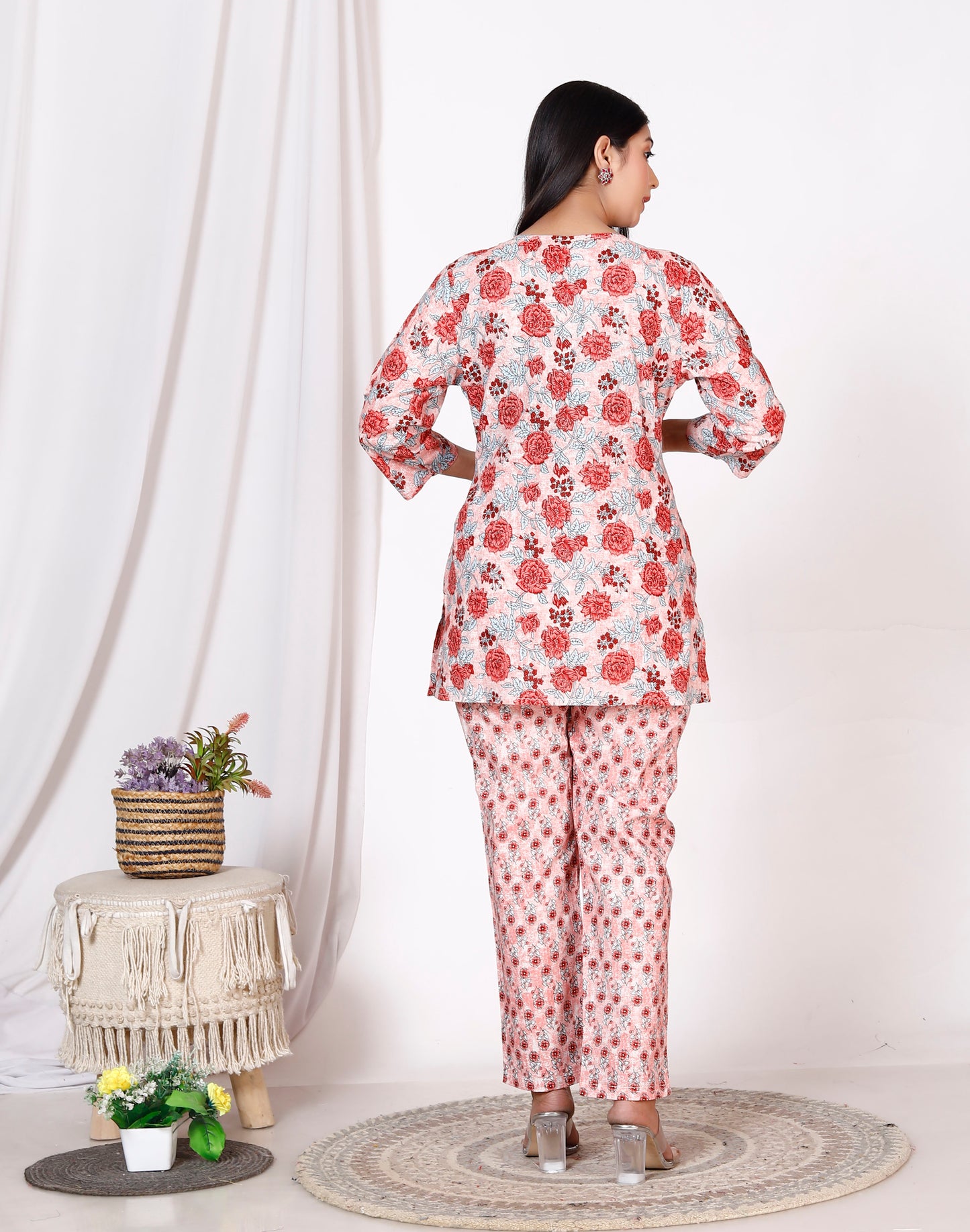Women Top & Pyjama Set Red Printed