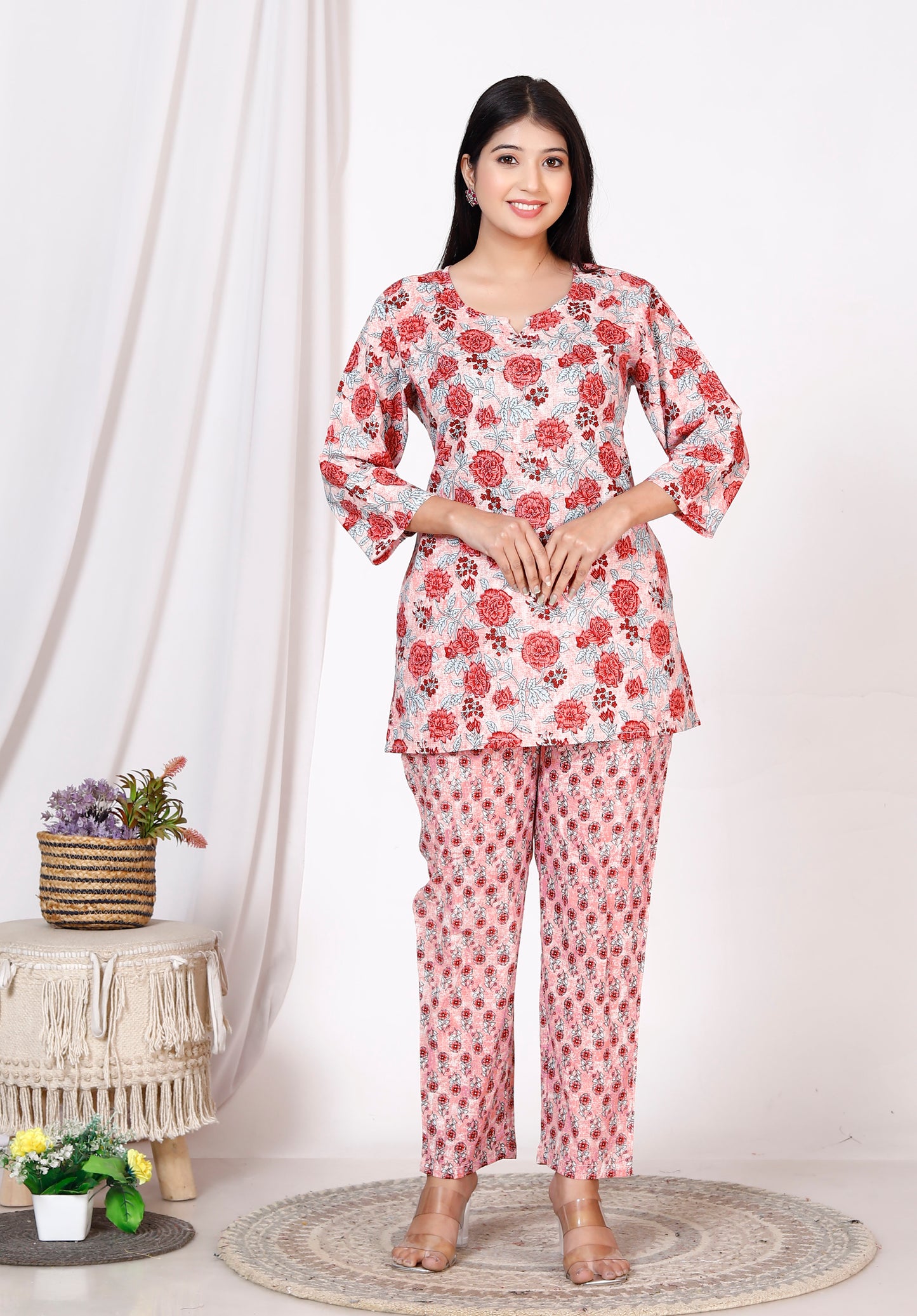 Women Top & Pyjama Set Red Printed