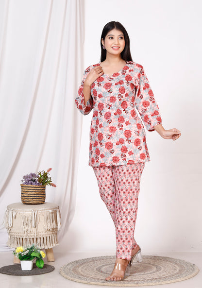 Women Top & Pyjama Set Red Printed