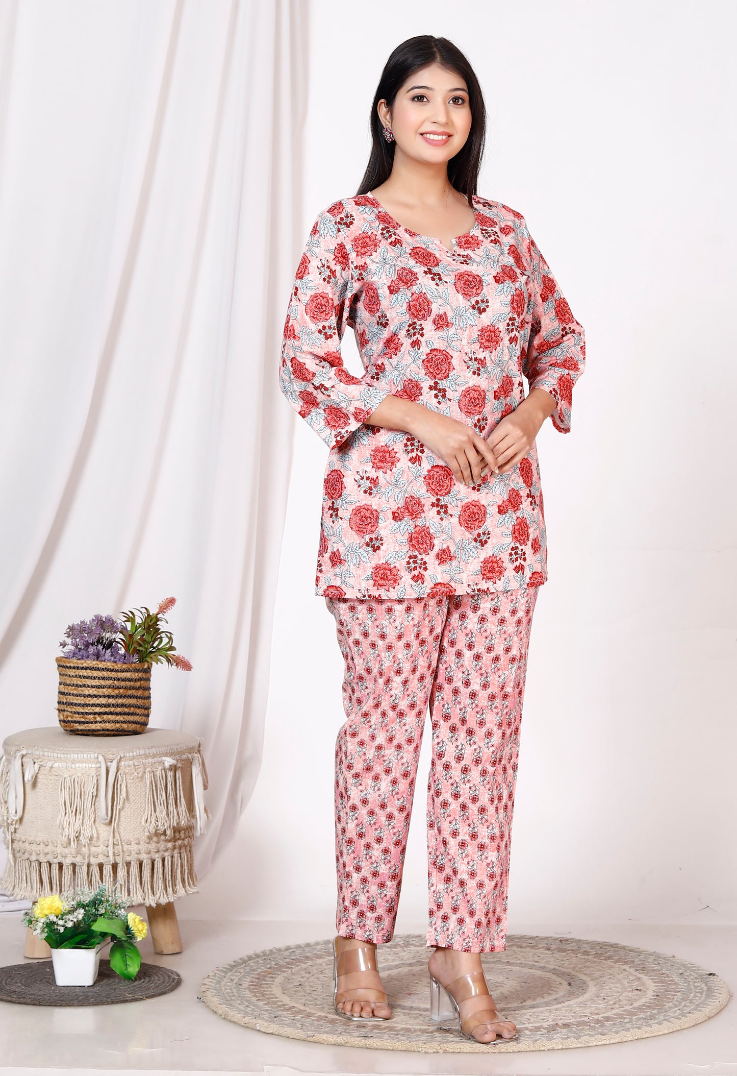 Women Top & Pyjama Set Red Printed