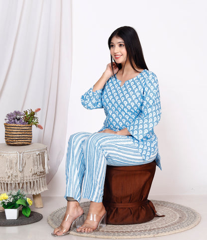 Women Top & Pyjama Set Blue Balloon Printed