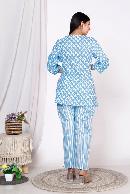 Women Top & Pyjama Set Blue Balloon Printed