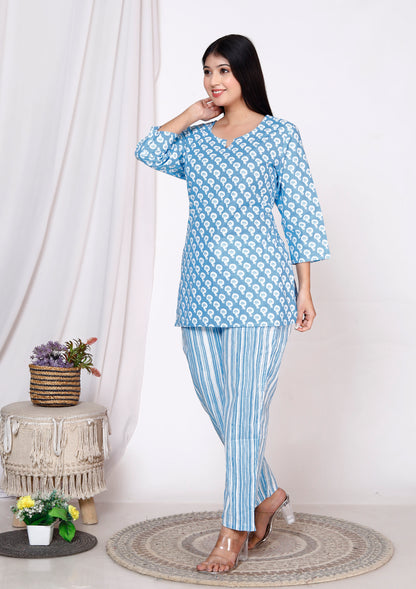 Women Top & Pyjama Set Blue Balloon Printed