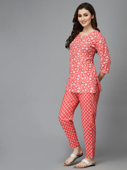 Women Top & Pyjama Set Aam Red Printed
