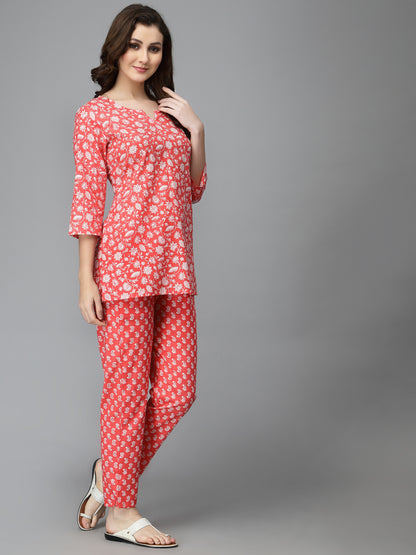 Women Top & Pyjama Set Aam Red Printed