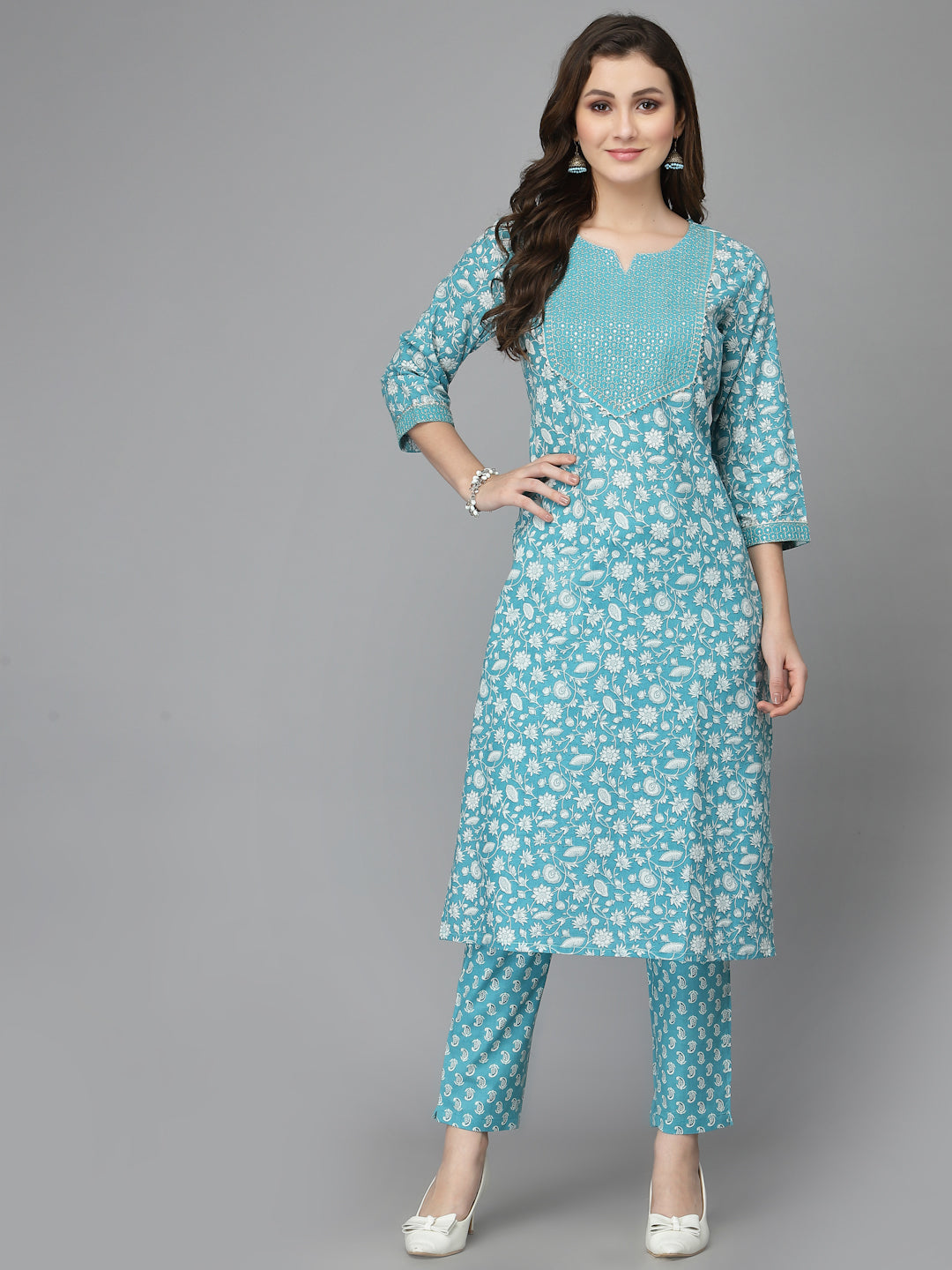 Women Pure Cotton Blue Kurta Pant Dupatta Set