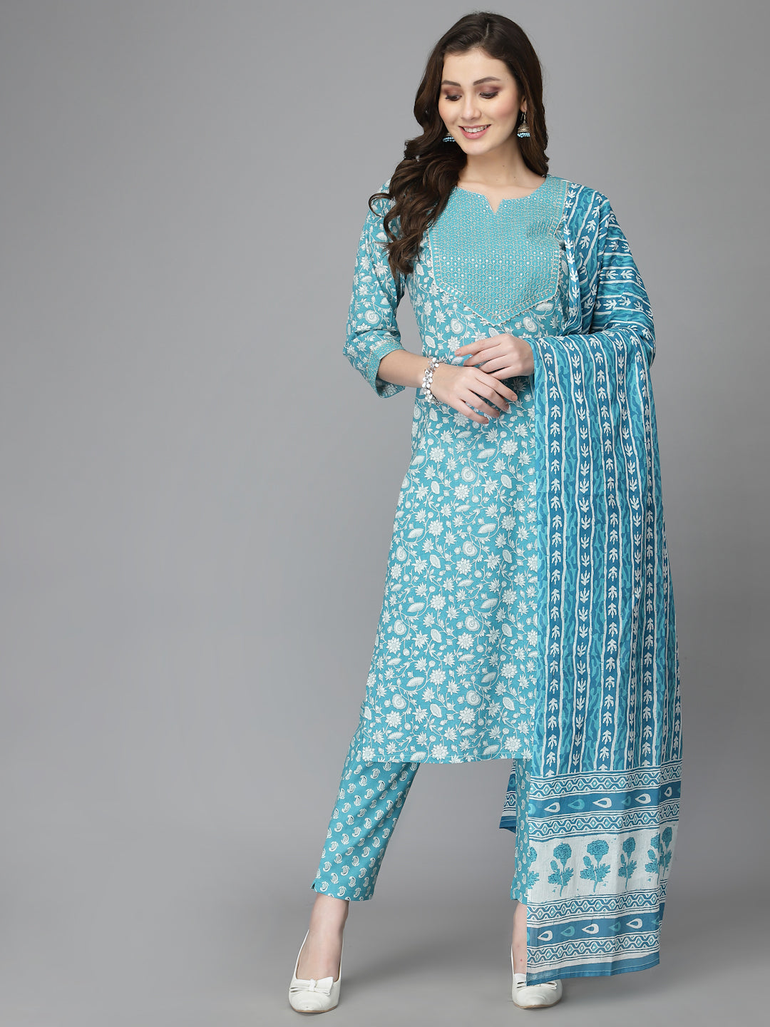 Women Pure Cotton Blue Kurta Pant Dupatta Set