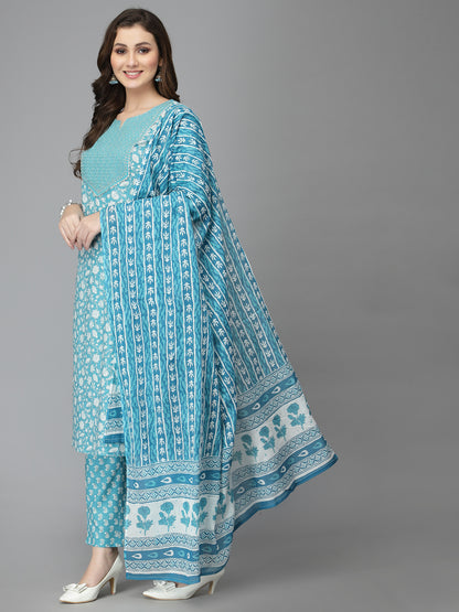 Women Pure Cotton Blue Kurta Pant Dupatta Set