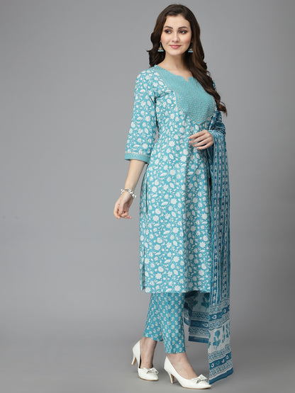 Women Pure Cotton Blue Kurta Pant Dupatta Set