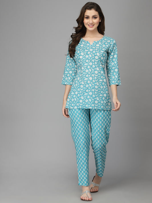 Women Top & Pyjama Set Aam Blue Printed