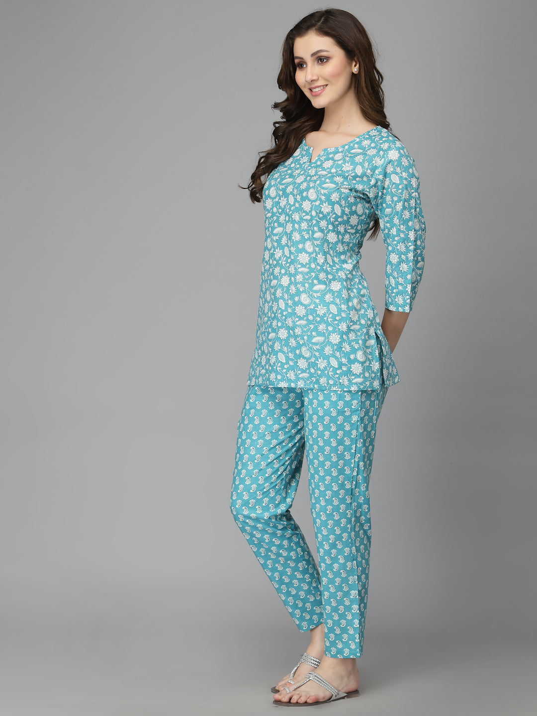 Women Top & Pyjama Set Aam Blue Printed