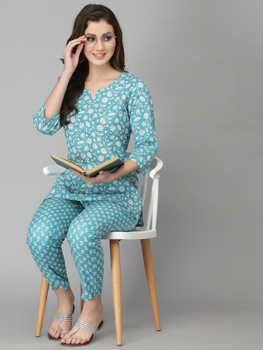 Women Top & Pyjama Set Aam Blue Printed