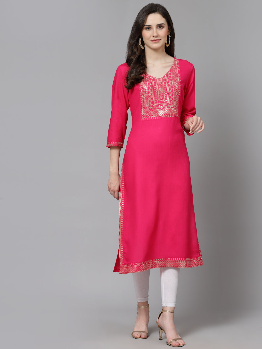 Women Embroidered Viscose Rayon Straight Pink Kurta