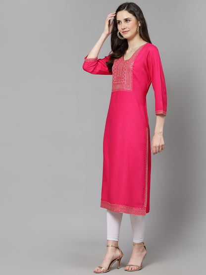 Women Embroidered Viscose Rayon Straight Pink Kurta