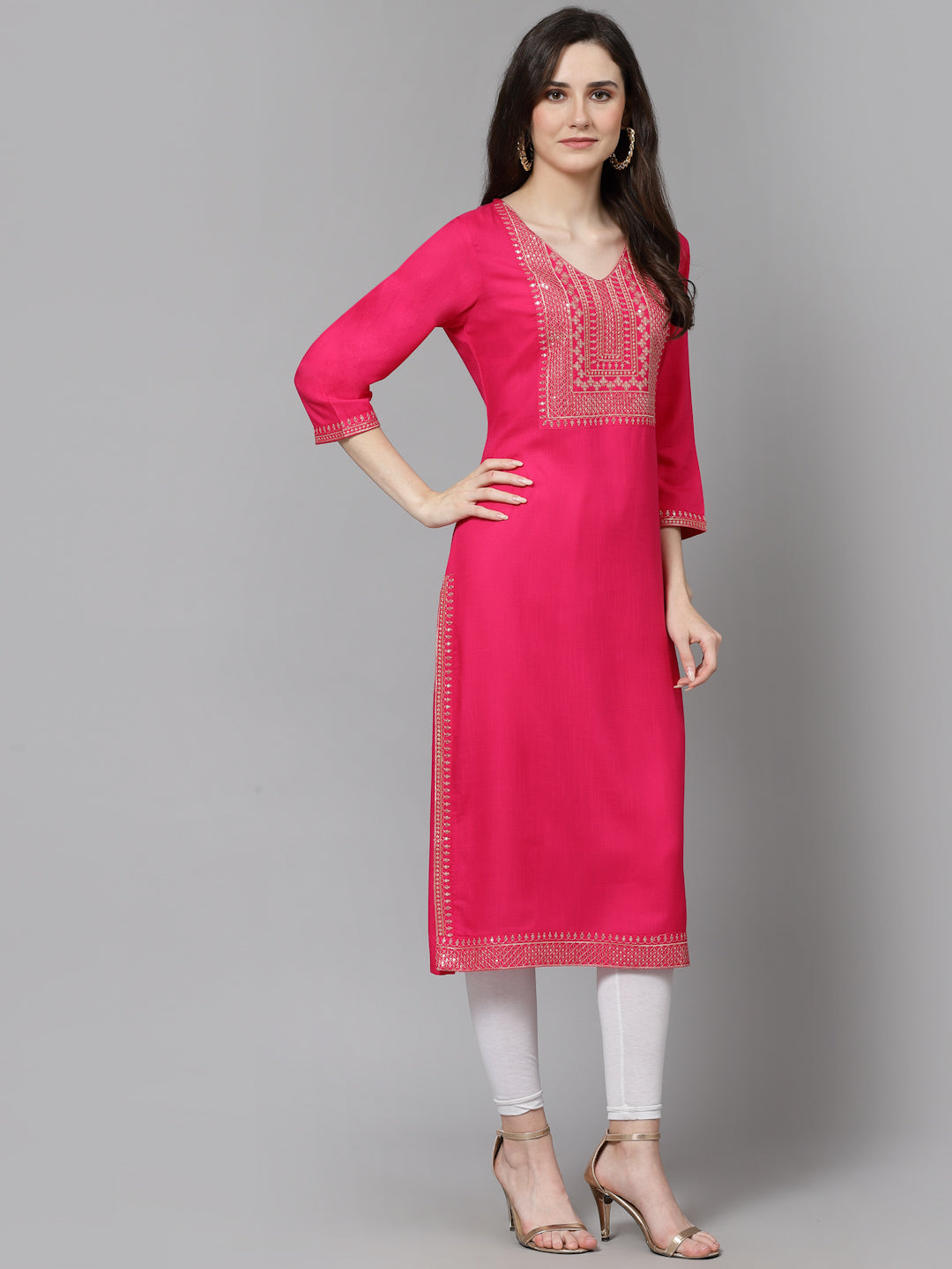 Women Embroidered Viscose Rayon Straight Pink Kurta