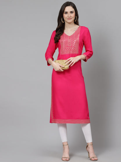 Women Embroidered Viscose Rayon Straight Pink Kurta