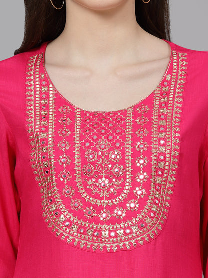 Women Embroidered Viscose Rayon Pink Kurtis