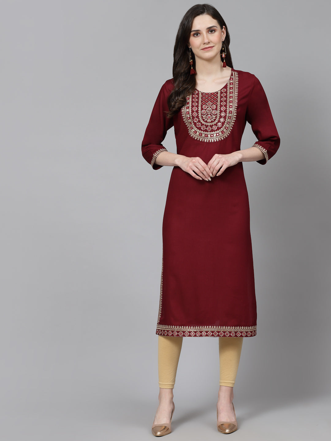 Women Embroidered Viscose Rayon Wine Kurtis