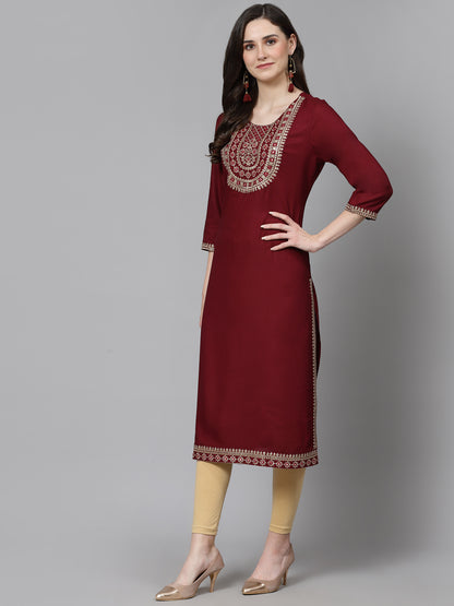 Women Embroidered Viscose Rayon Wine Kurtis