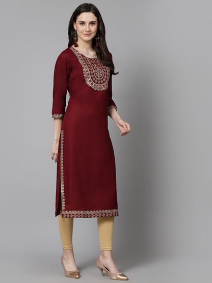 Women Embroidered Viscose Rayon Wine Kurtis