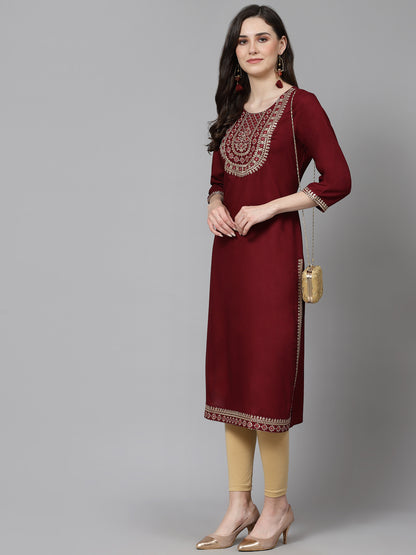 Women Embroidered Viscose Rayon Wine Kurtis