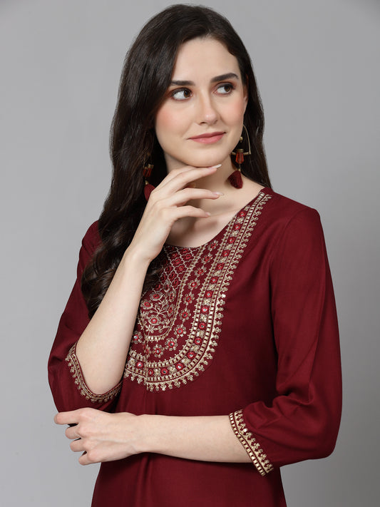 Women Embroidered Viscose Rayon Wine Kurtis