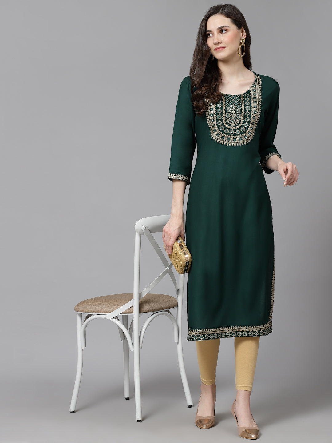 Women Embroidered Viscose Rayon Green Kurtis