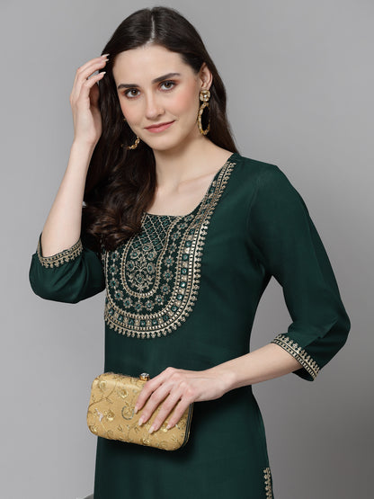 Women Embroidered Viscose Rayon Green Kurtis