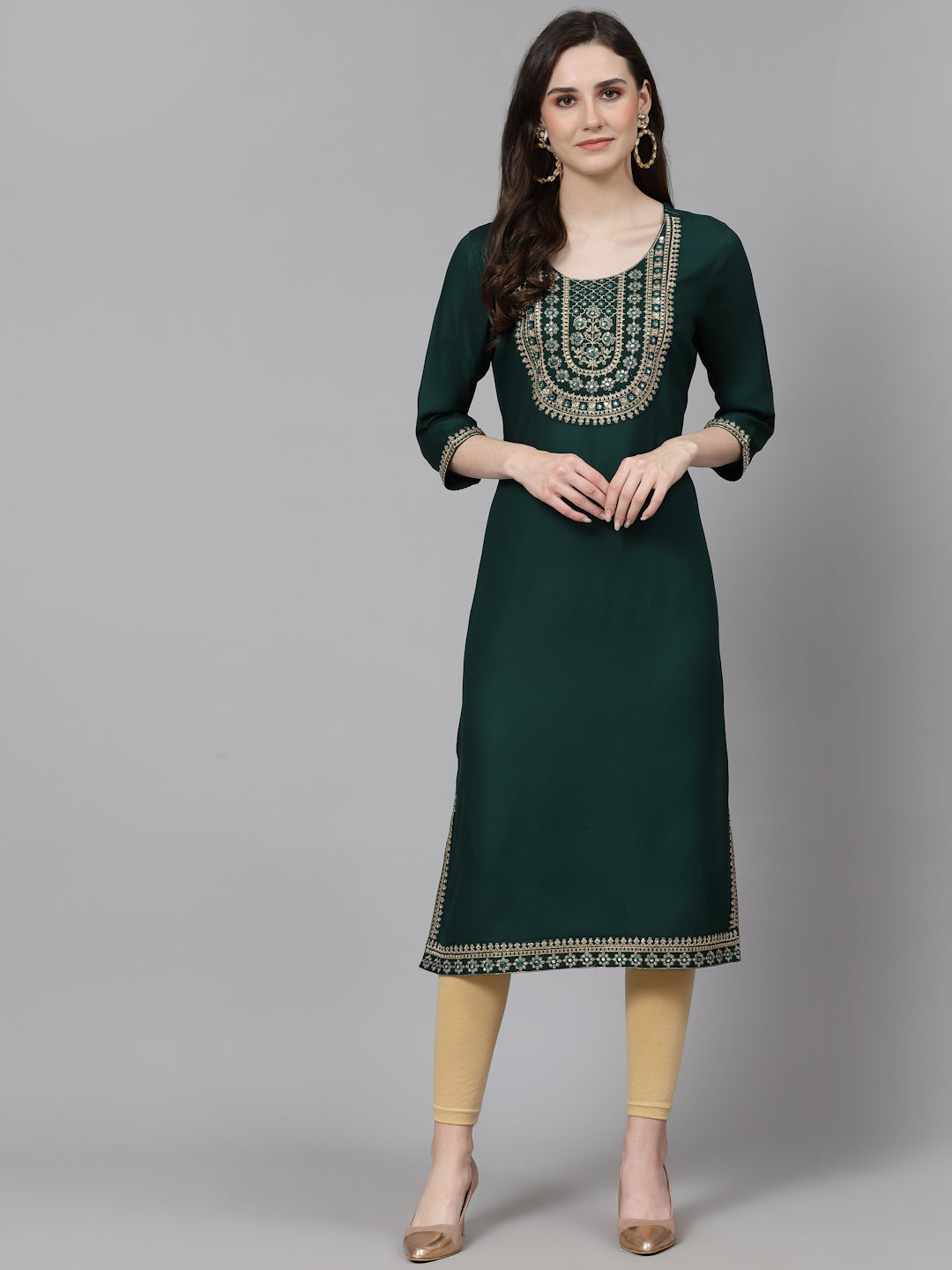 Women Embroidered Viscose Rayon Green Kurtis