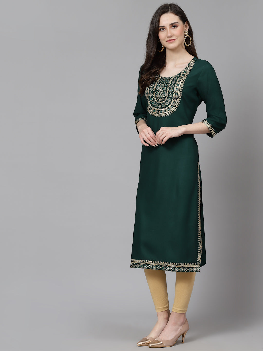 Women Embroidered Viscose Rayon Green Kurtis