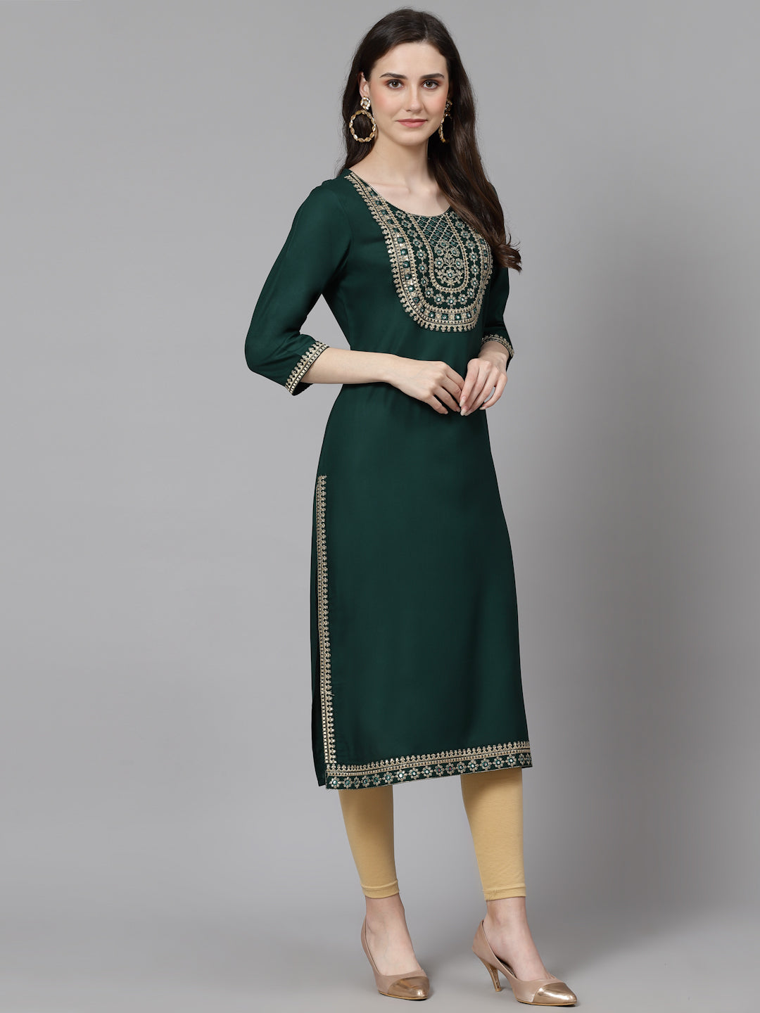 Women Embroidered Viscose Rayon Green Kurtis