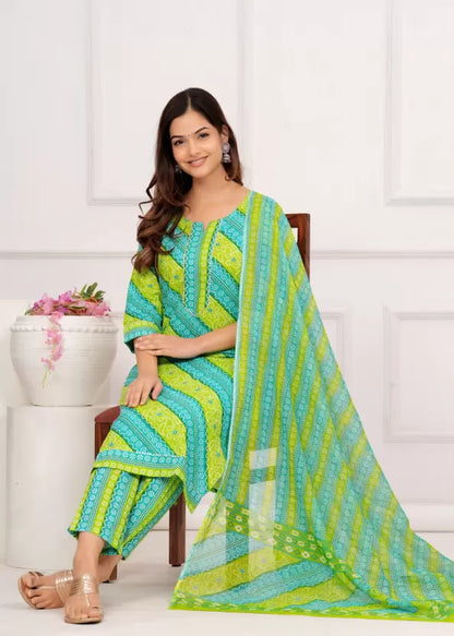 Women Pure Cotton Printed Kurta Pant Dupatta Set
