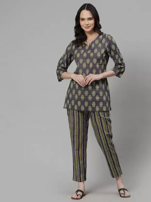 Women Top & Pyjama Set Grey Jaipuri Printed