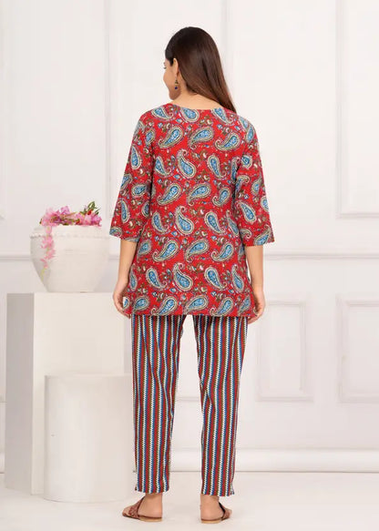Women Top And Pajama Sets Red Jaipuri Printed