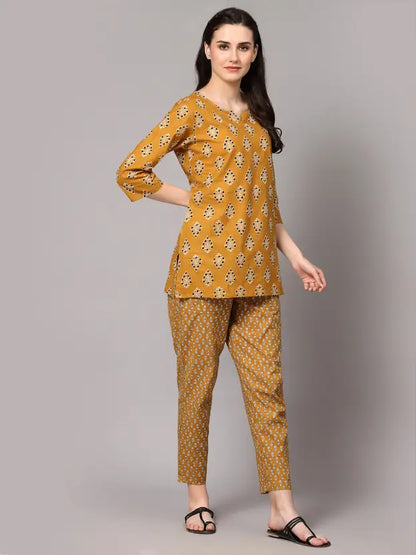 Women Top And Pajama Set Yellow Printed
