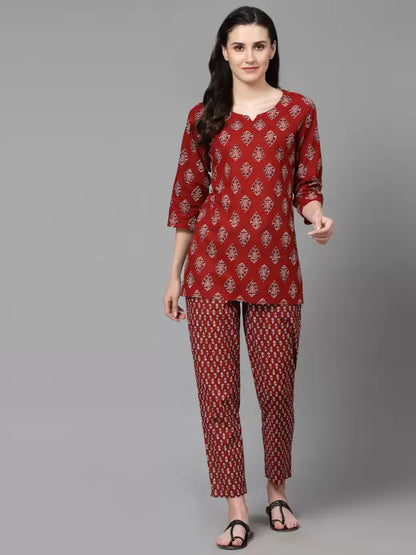Women Top And Pajama Set Maroon Printed