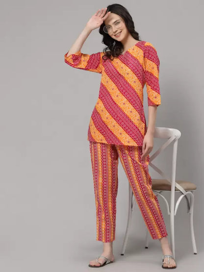 Women Top & Pyjama Set Red Jaipuri Printed
